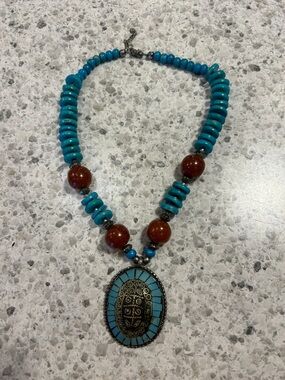 Turquoise and Rust Beaded Pendant Necklace - Unbranded